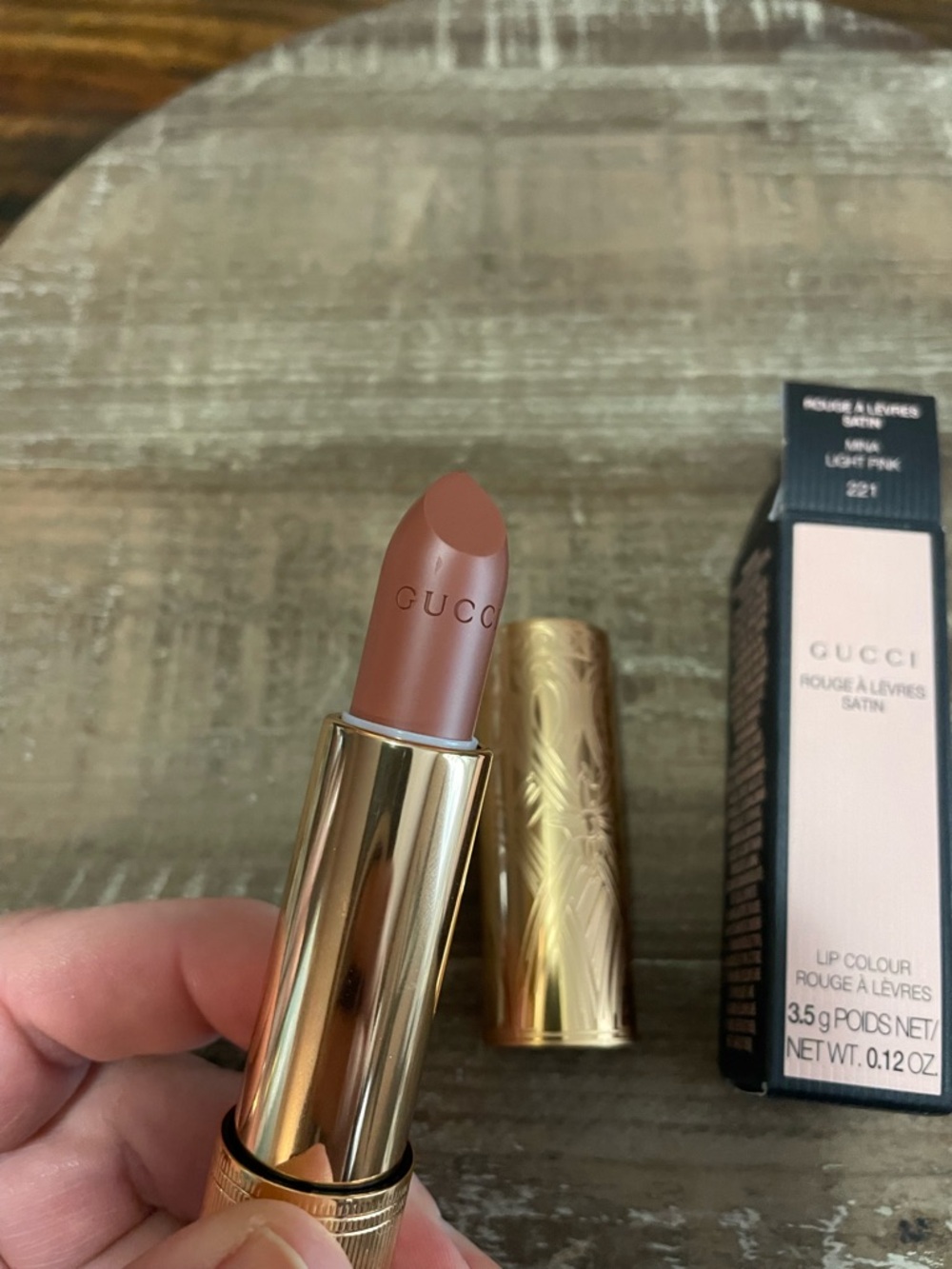 Gucci Satin Lipstick in #221 MINA LIGHT PINK with Gold Case FULL SIZE - Picture 2 of 2